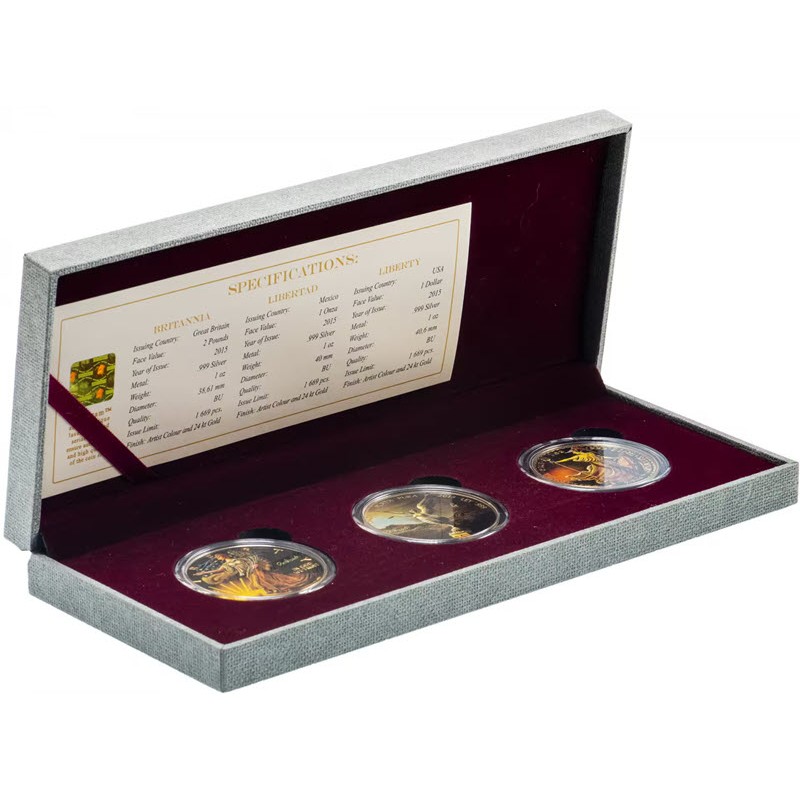 Великобритания Мексика США Набор из 3-х серебряных монет 