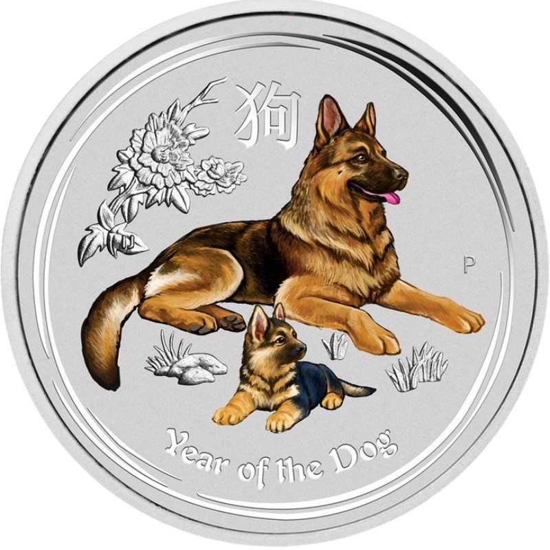 Серебряная монета Австралии «Год Собаки» 2018 г.в. (пруф с цветом), 31.1 г чистого серебра (проба 9999)