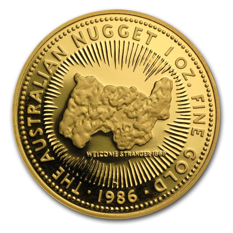Золотая монета Австралии «Наггет» 1986г.в. (Пруф), 31.1 г чистого золота (проба 0.9999)