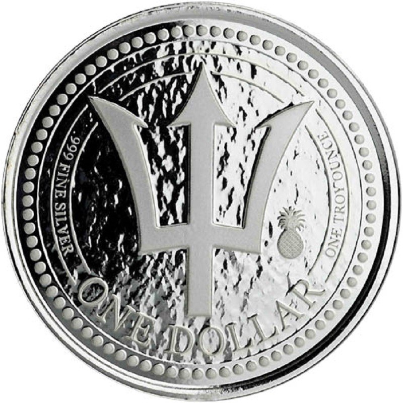 Серебряная монета Барбадоса «Трезубец» 2018 г.в. (с знаком 